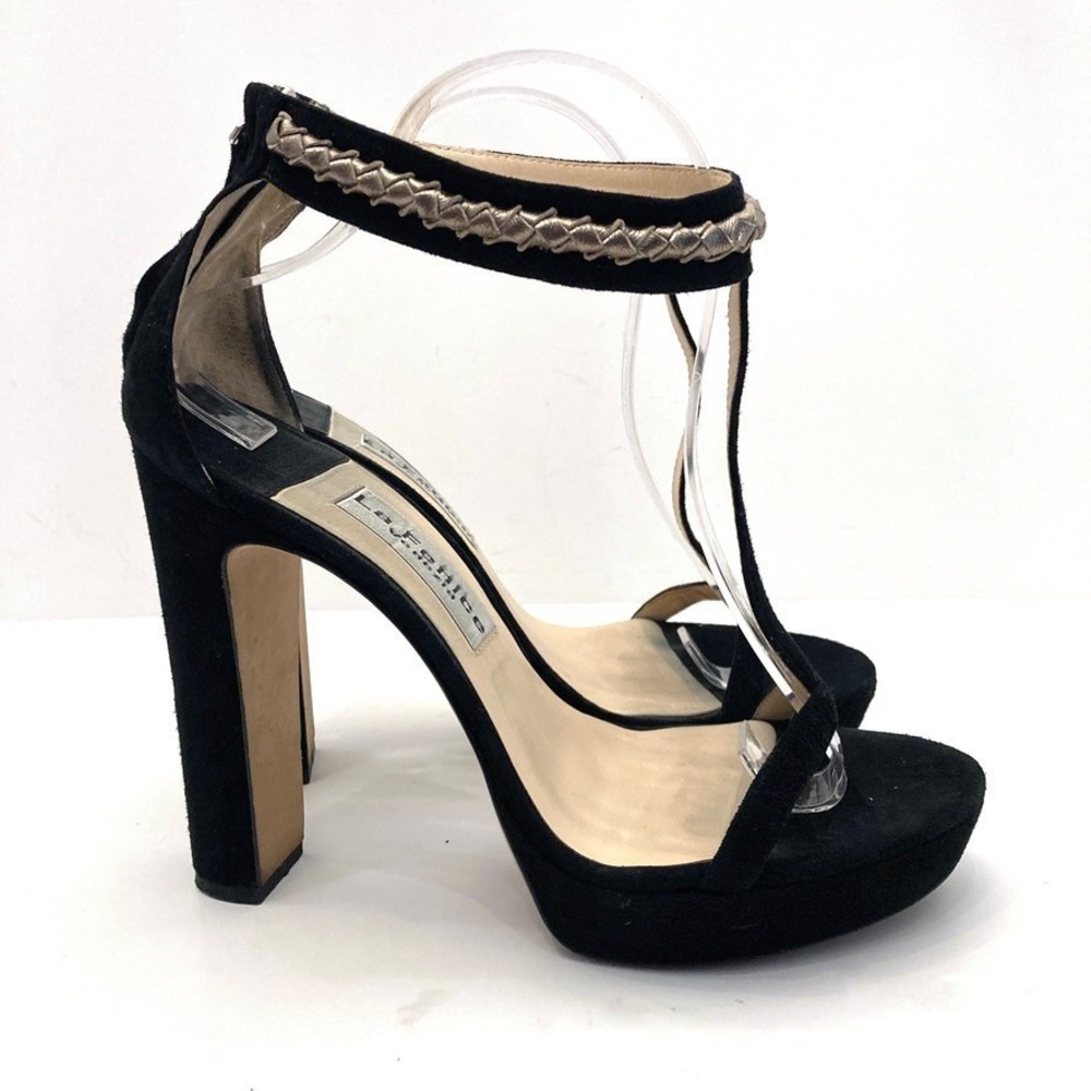 La Fenice Venezia Heels T-Strap Platform Black Suede Womens 10 Back Zip